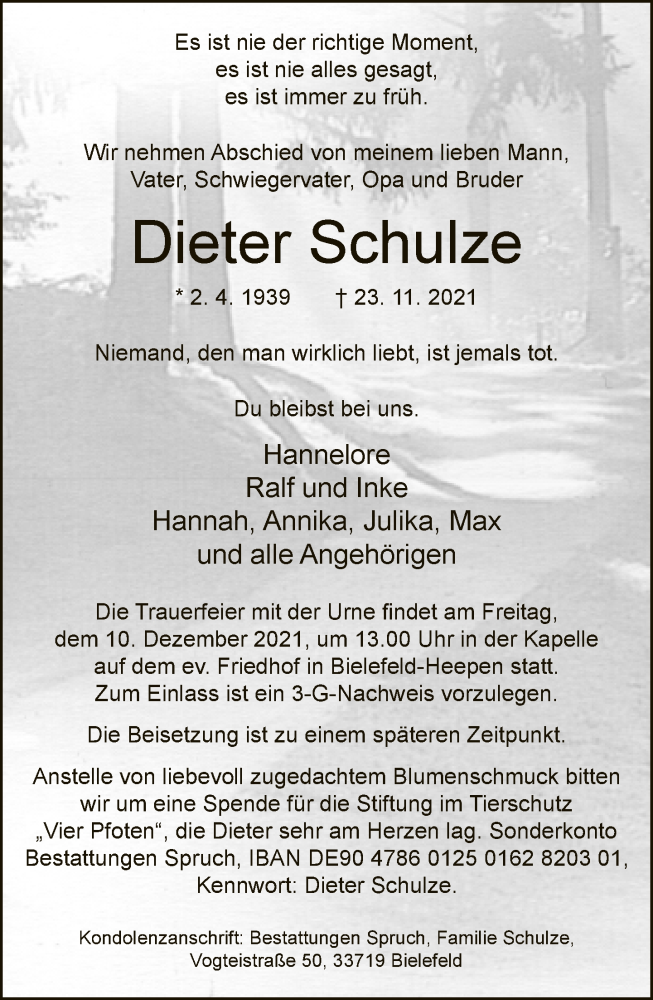  Traueranzeige für Dieter Schulze vom 04.12.2021 aus Neue Westfälische