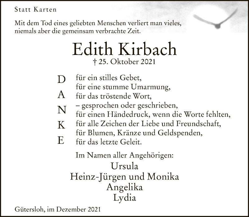  Traueranzeige für Edith Kirbach vom 27.12.2021 aus Neue Westfälische