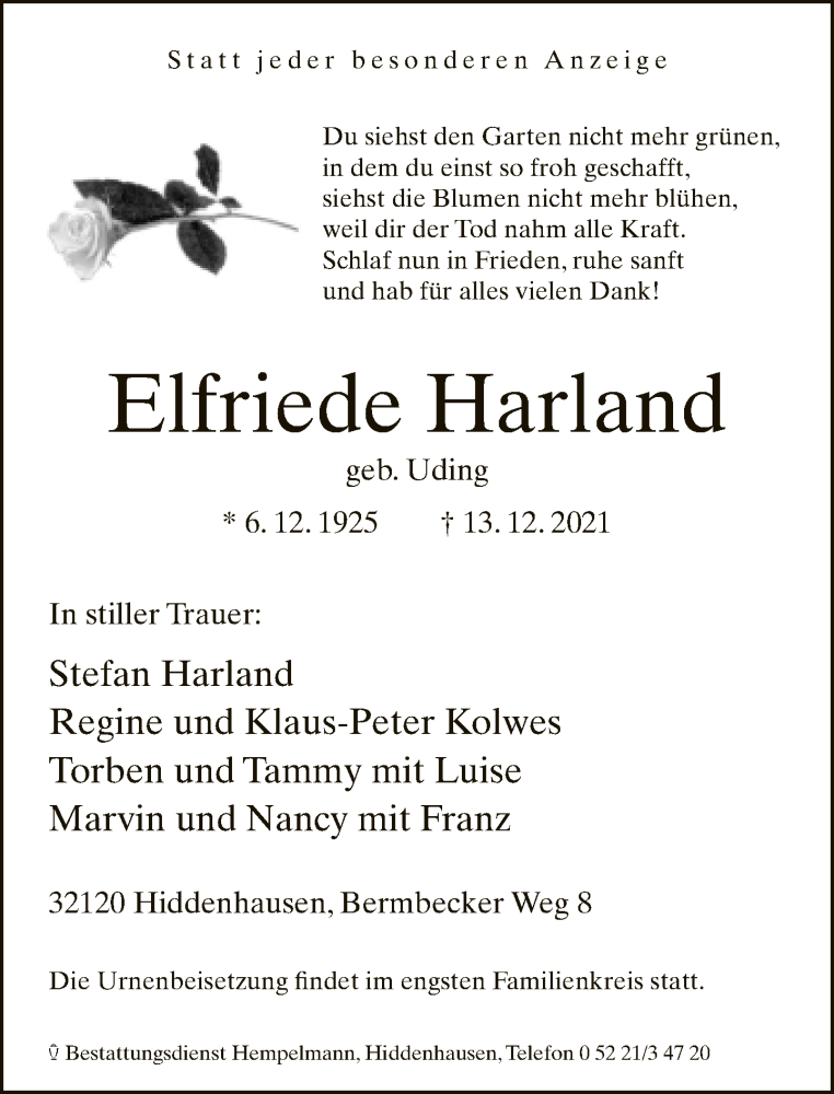  Traueranzeige für Elfriede Harland vom 18.12.2021 aus Neue Westfälische