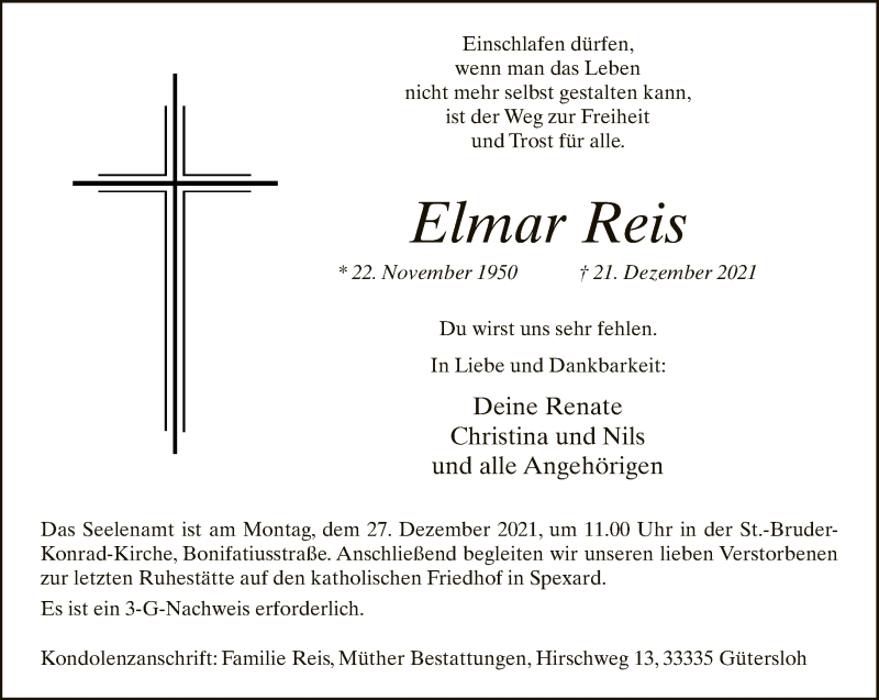  Traueranzeige für Elmar Reis vom 24.12.2021 aus Neue Westfälische