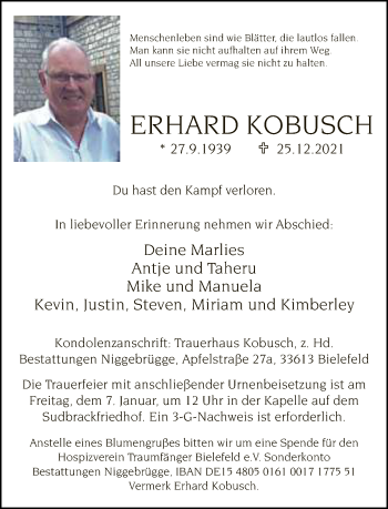 Traueranzeige von Erhard Kobusch von Neue Westfälische