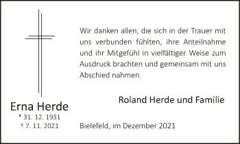Traueranzeige von Erna Herde von Neue Westfälische