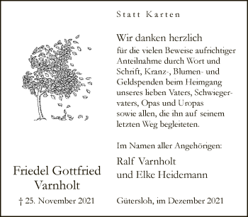 Traueranzeige von Friedel Gottfried Varnholt von Neue Westfälische