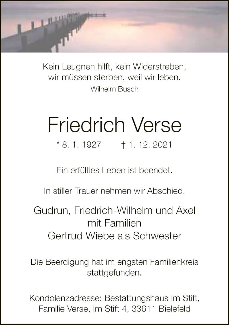  Traueranzeige für Friedrich Verse vom 11.12.2021 aus Neue Westfälische
