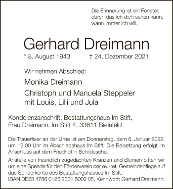 Traueranzeige von Gerhard Dreimann von Neue Westfälische