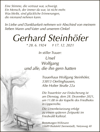 Traueranzeige von Gerhard Steinhöfer von Neue Westfälische