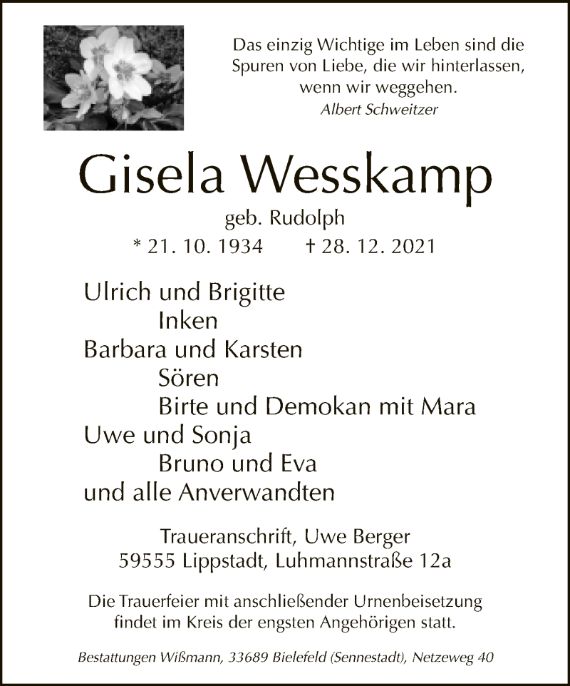  Traueranzeige für Gisela Wesskamp vom 31.12.2021 aus Neue Westfälische
