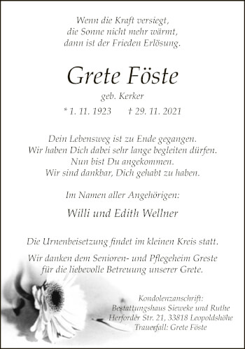 Traueranzeige von Grete Föste von Neue Westfälische