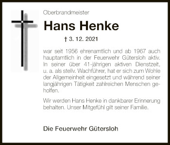 Traueranzeige von Hans Henke von Neue Westfälische