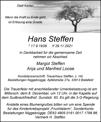 Traueranzeige von Hans Steffen von Neue Westfälische
