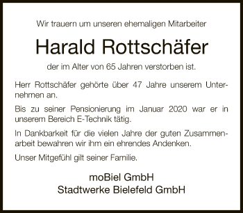 Traueranzeige von Harald Rottschäfer von Neue Westfälische