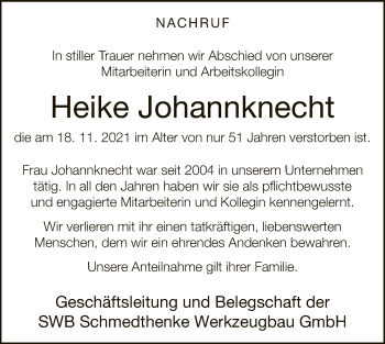 Traueranzeige von Heike Johannknecht von Neue Westfälische