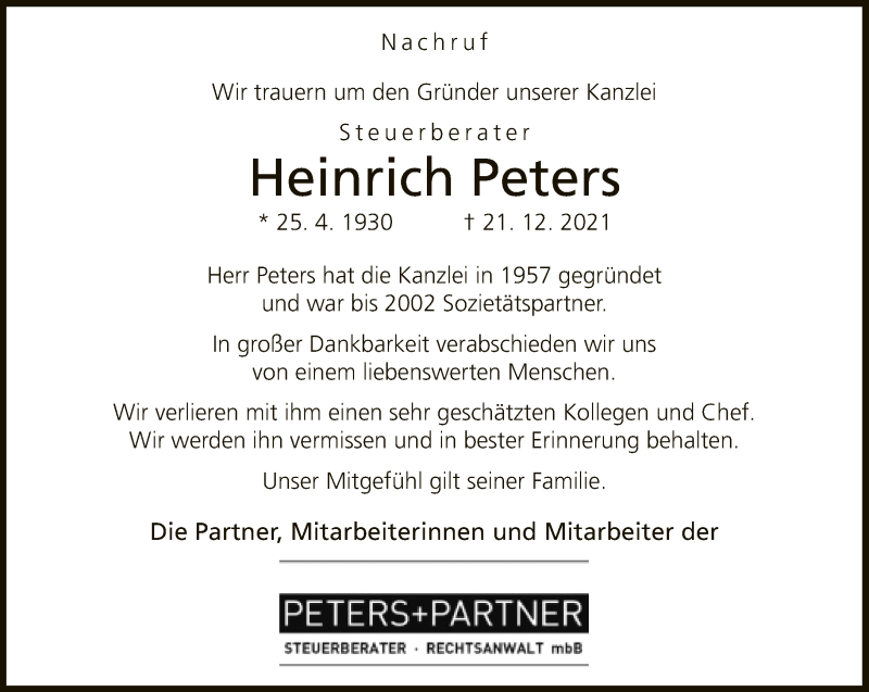  Traueranzeige für Heinrich Peters vom 31.12.2021 aus Neue Westfälische