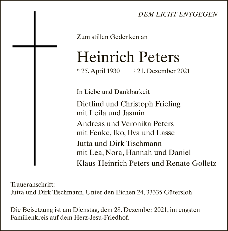  Traueranzeige für Heinrich Peters vom 23.12.2021 aus Neue Westfälische