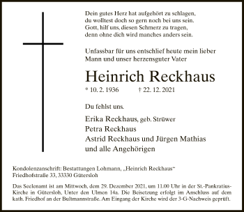 Traueranzeige von Heinrich Reckhaus von Neue Westfälische