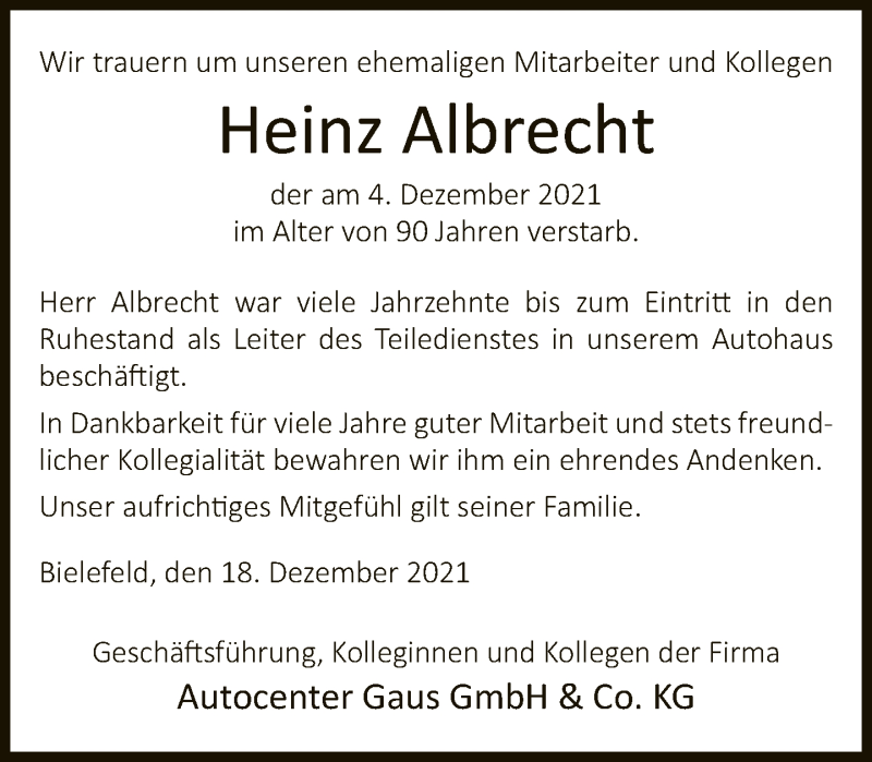  Traueranzeige für Heinz Albrecht vom 18.12.2021 aus Neue Westfälische