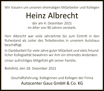 Traueranzeige von Heinz Albrecht von Neue Westfälische
