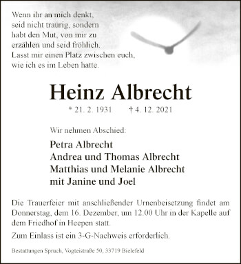 Traueranzeige von Heinz Albrecht von Neue Westfälische