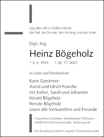 Traueranzeige von Heinz Bögeholz von Neue Westfälische
