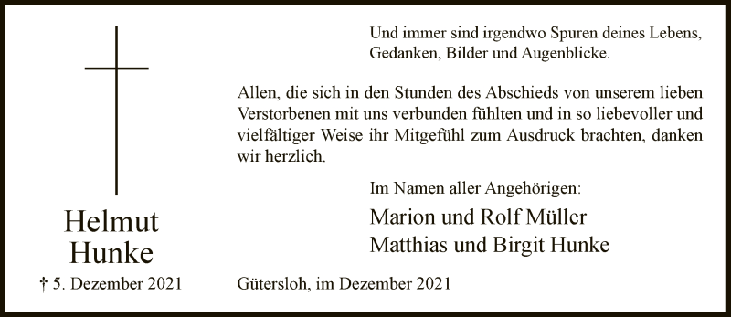  Traueranzeige für Helmut Hunke vom 31.12.2021 aus Neue Westfälische