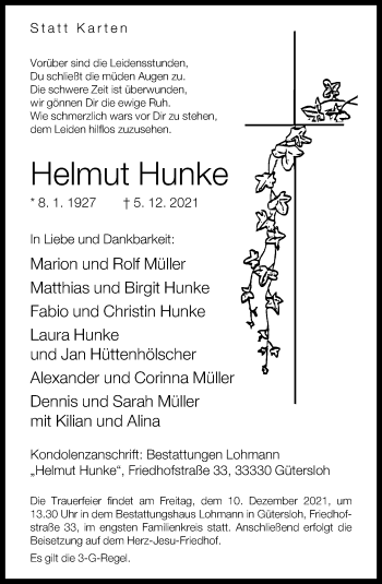 Traueranzeige von Helmut Hunke von Neue Westfälische
