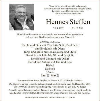 Traueranzeige von Hennes Steffen von Neue Westfälische