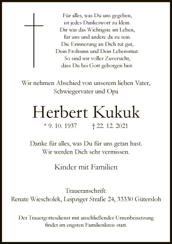 Traueranzeige von Herbert Kukuk von Neue Westfälische
