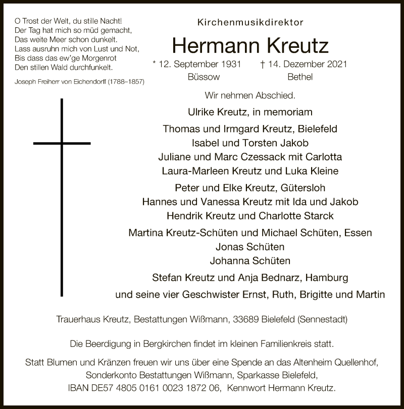  Traueranzeige für Hermann Kreutz vom 18.12.2021 aus Neue Westfälische