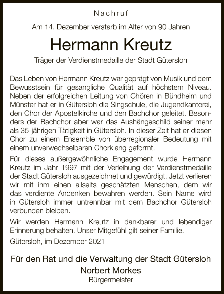  Traueranzeige für Hermann Kreutz vom 24.12.2021 aus Neue Westfälische