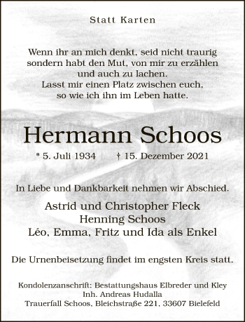 Traueranzeige von Hermann Schoos von Neue Westfälische