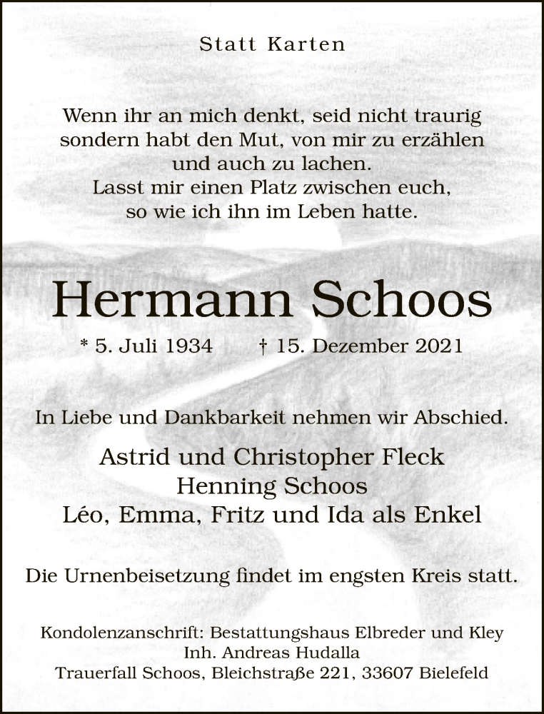  Traueranzeige für Hermann Schoos vom 18.12.2021 aus Neue Westfälische