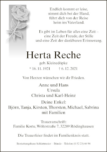 Traueranzeige von Herta Reche von Neue Westfälische