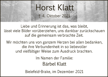 Traueranzeige von Horst Klatt von Neue Westfälische