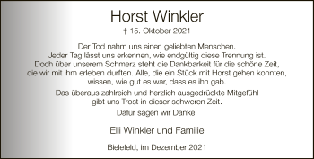 Traueranzeige von Horst Winkler von Neue Westfälische