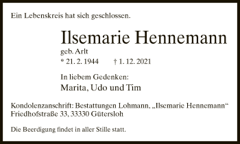 Traueranzeige von Ilsemarie Hennemann von Neue Westfälische