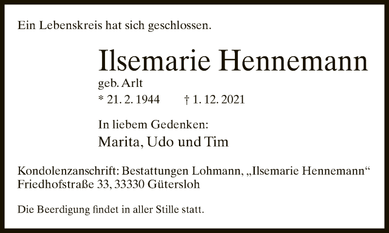  Traueranzeige für Ilsemarie Hennemann vom 13.12.2021 aus Neue Westfälische