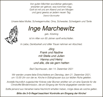 Traueranzeige von Inge Marchewitz von Neue Westfälische
