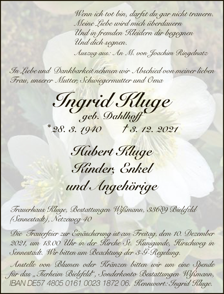  Traueranzeige für Ingrid Kluge vom 07.12.2021 aus Neue Westfälische