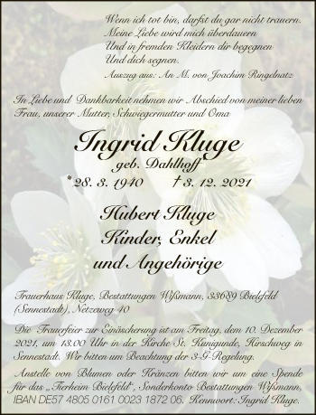 Traueranzeige von Ingrid Kluge von Neue Westfälische