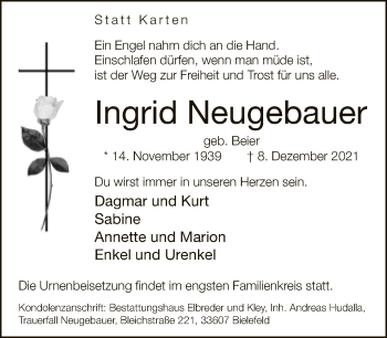 Traueranzeige von Ingrid Neugebauer von Neue Westfälische