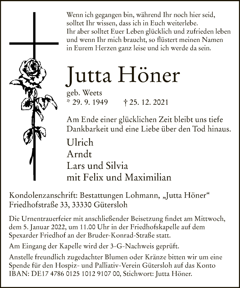  Traueranzeige für Jutta Höner vom 31.12.2021 aus Neue Westfälische