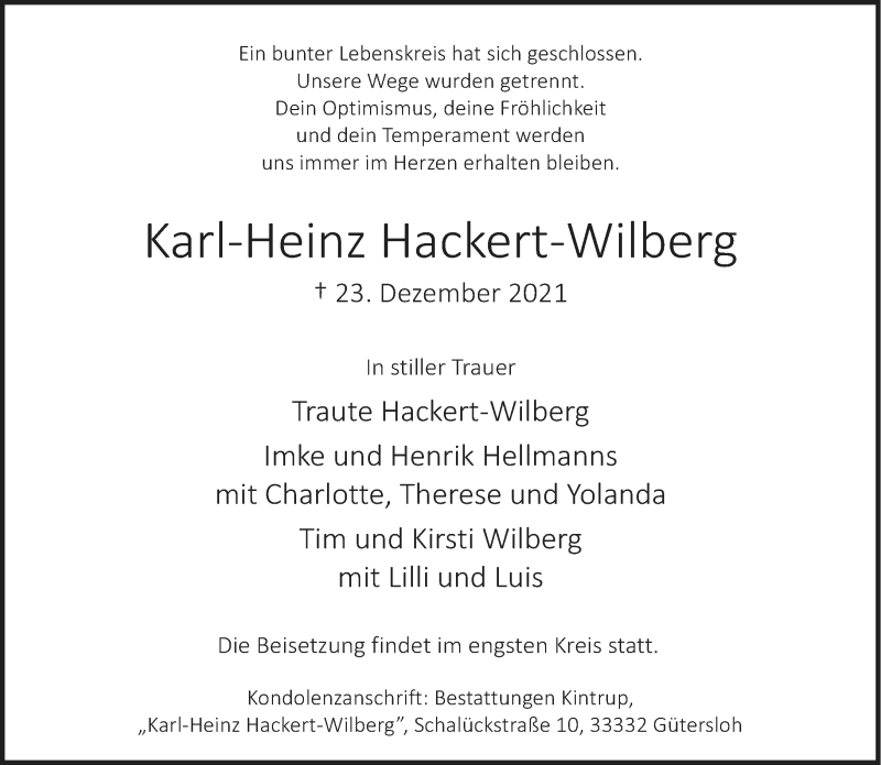  Traueranzeige für Karl-Heinz Hackert-Wilberg vom 28.12.2021 aus Neue Westfälische