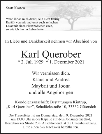 Traueranzeige von Karl Querober von Neue Westfälische