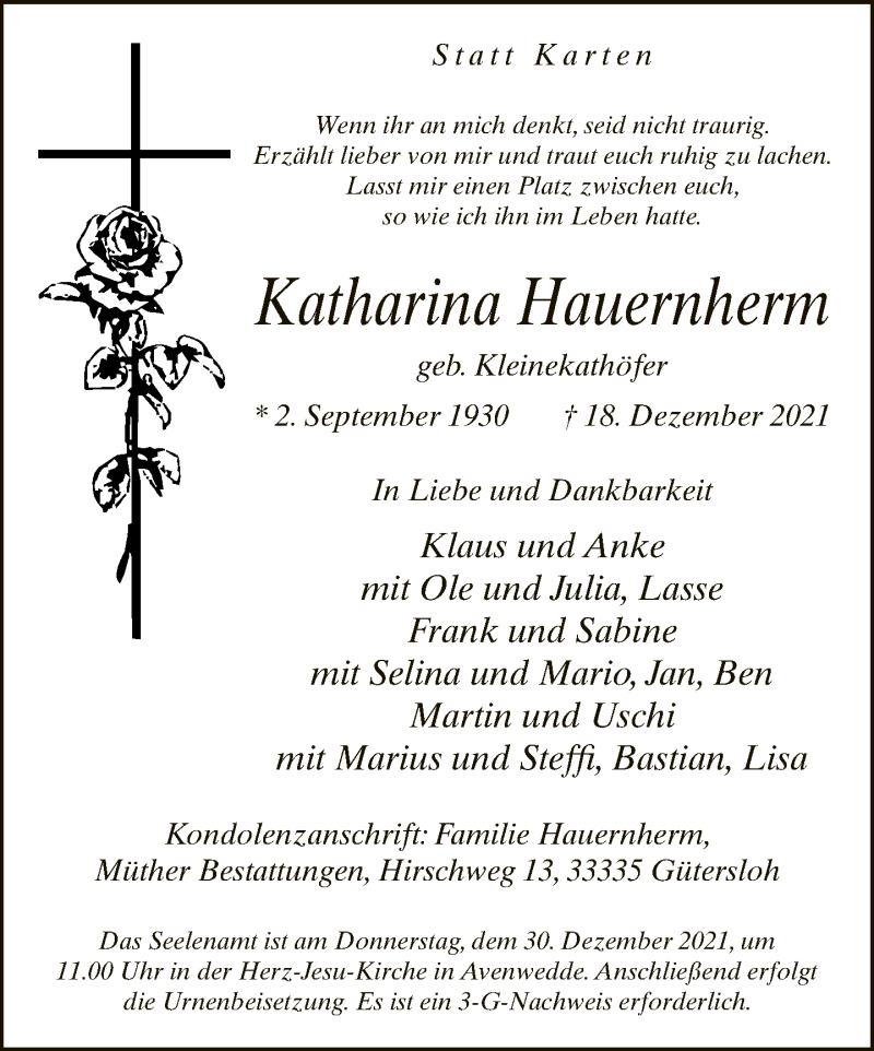  Traueranzeige für Katharina Hauernherm vom 22.12.2021 aus Neue Westfälische