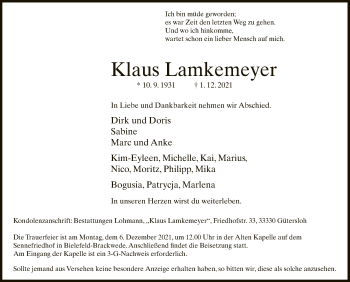 Traueranzeige von Klaus Lamkemeyer von Neue Westfälische