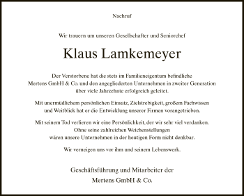 Traueranzeige von Klaus Lamkemeyer von Neue Westfälische