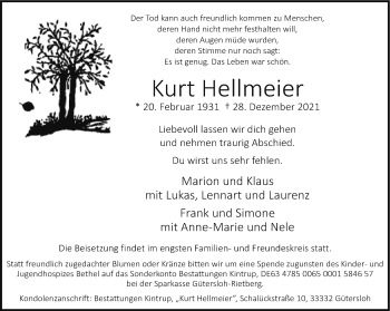 Traueranzeige von Kurt Hellmeier von Neue Westfälische