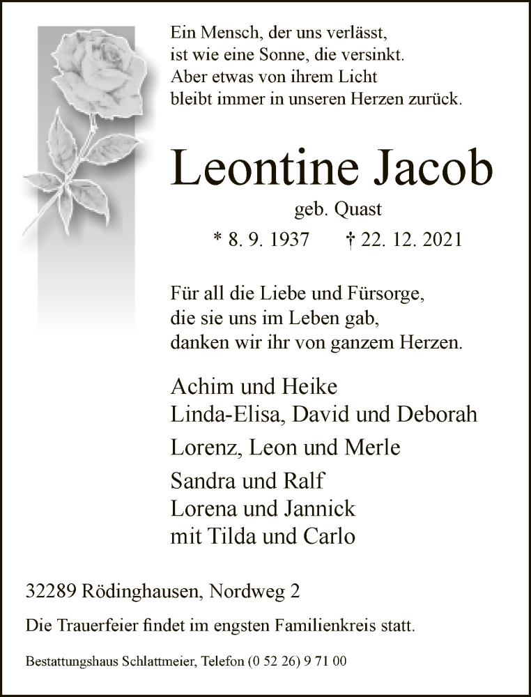  Traueranzeige für Leontine Jacob vom 27.12.2021 aus Neue Westfälische
