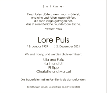 Traueranzeige von Lore Puls von Neue Westfälische