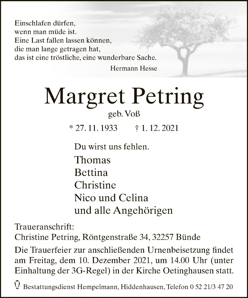  Traueranzeige für Margret Petring vom 04.12.2021 aus Neue Westfälische